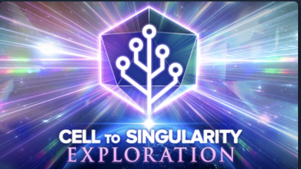 Cell to Singularity logo, a branching tree in a hexagon generating a burst of blue-purple-green rays.