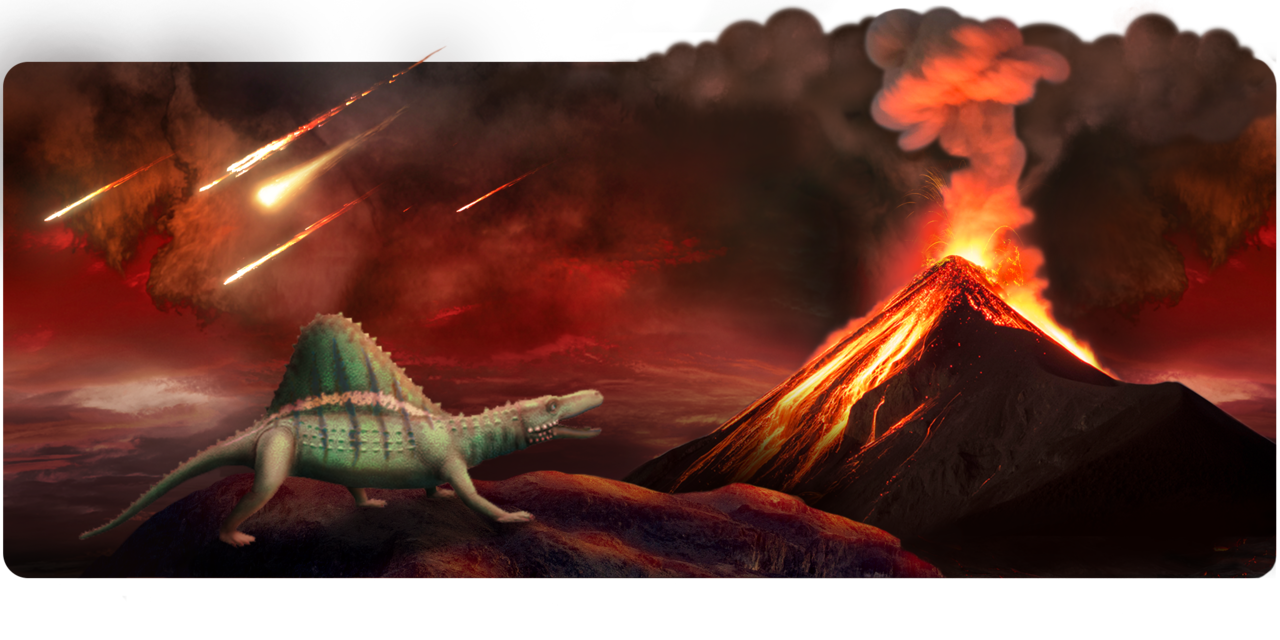 A sail-back prehistoric creature watches meteorites fall and a volcano erupt in an apocalyptic scene.